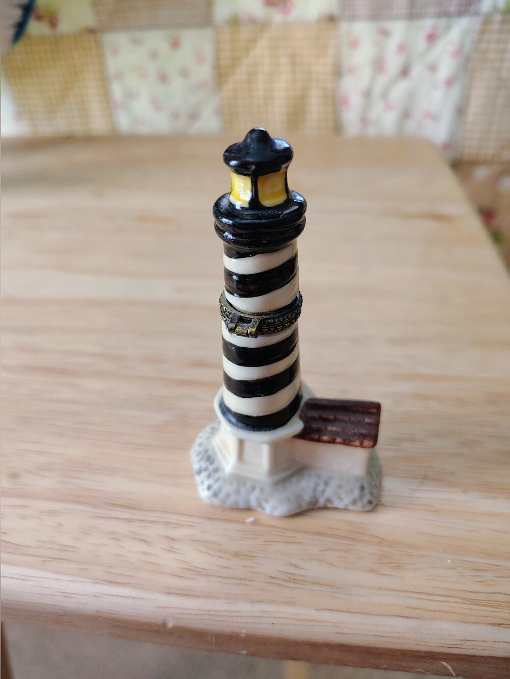 Hinged Trinket Box 4" Black and White Striped Lighthouse